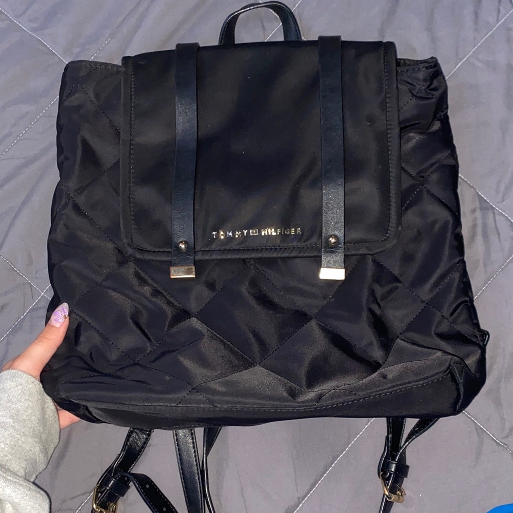 Tommy Hilfiger Black Quilted Backpack with Gold Accents